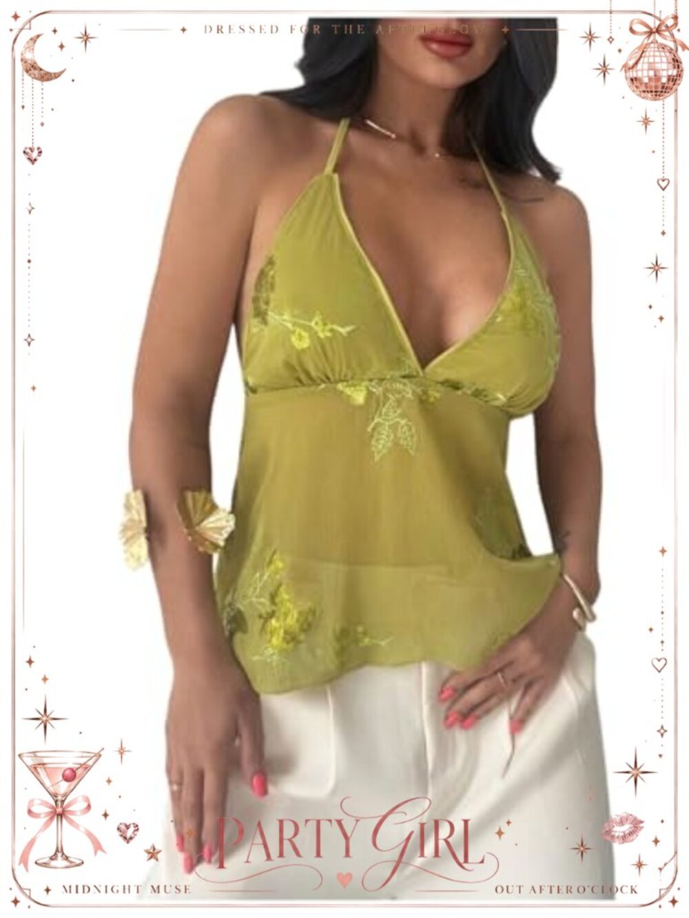 Chiffon Halter Top Floral Sequin Embellished Backless Sheer Ruffle